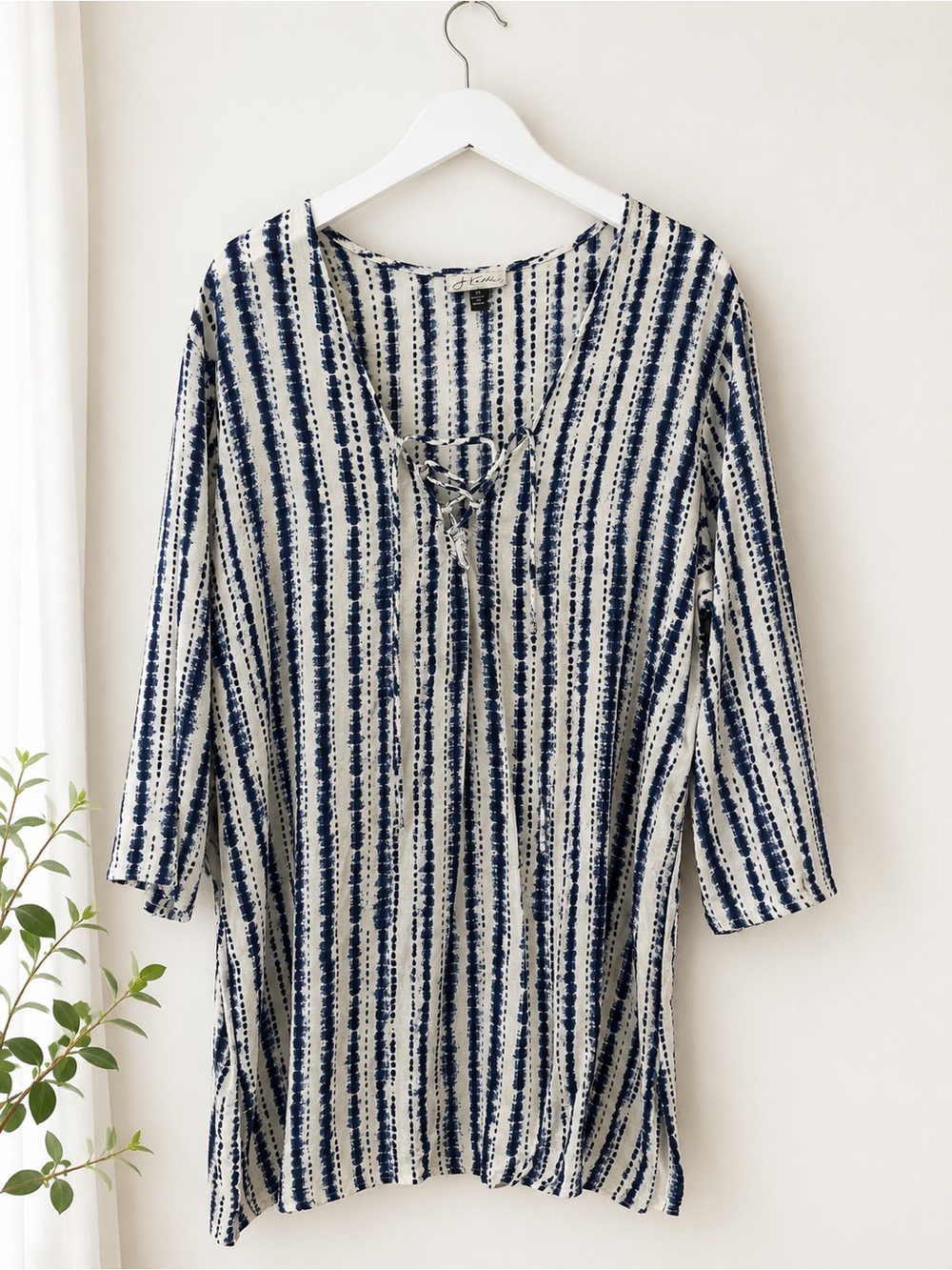 Women's Navy & White Striped 1X Lace-Up Swim Coverup